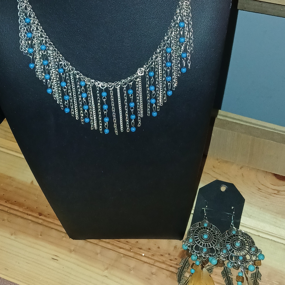 Native Inspired Fringe Necklace/Feather Earrings